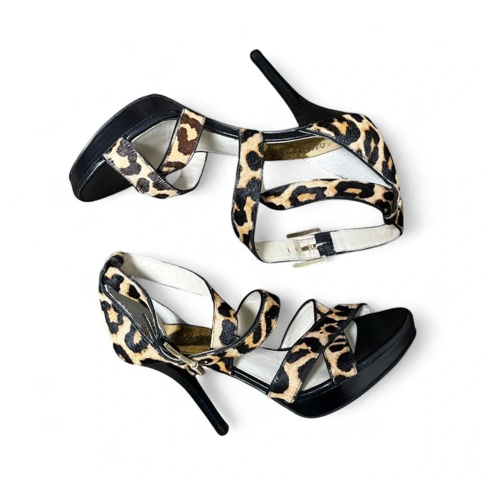 Michael Kors Evie Hair Calf Cheetah Print  Platform Sandals Stilettos Heels Sz 6 - Picture 3 of 12